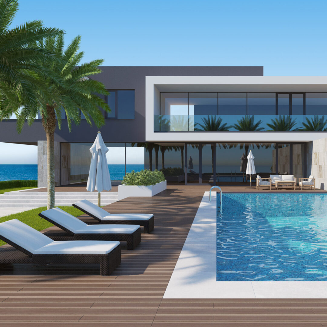 Modern villa with pool and palm trees
