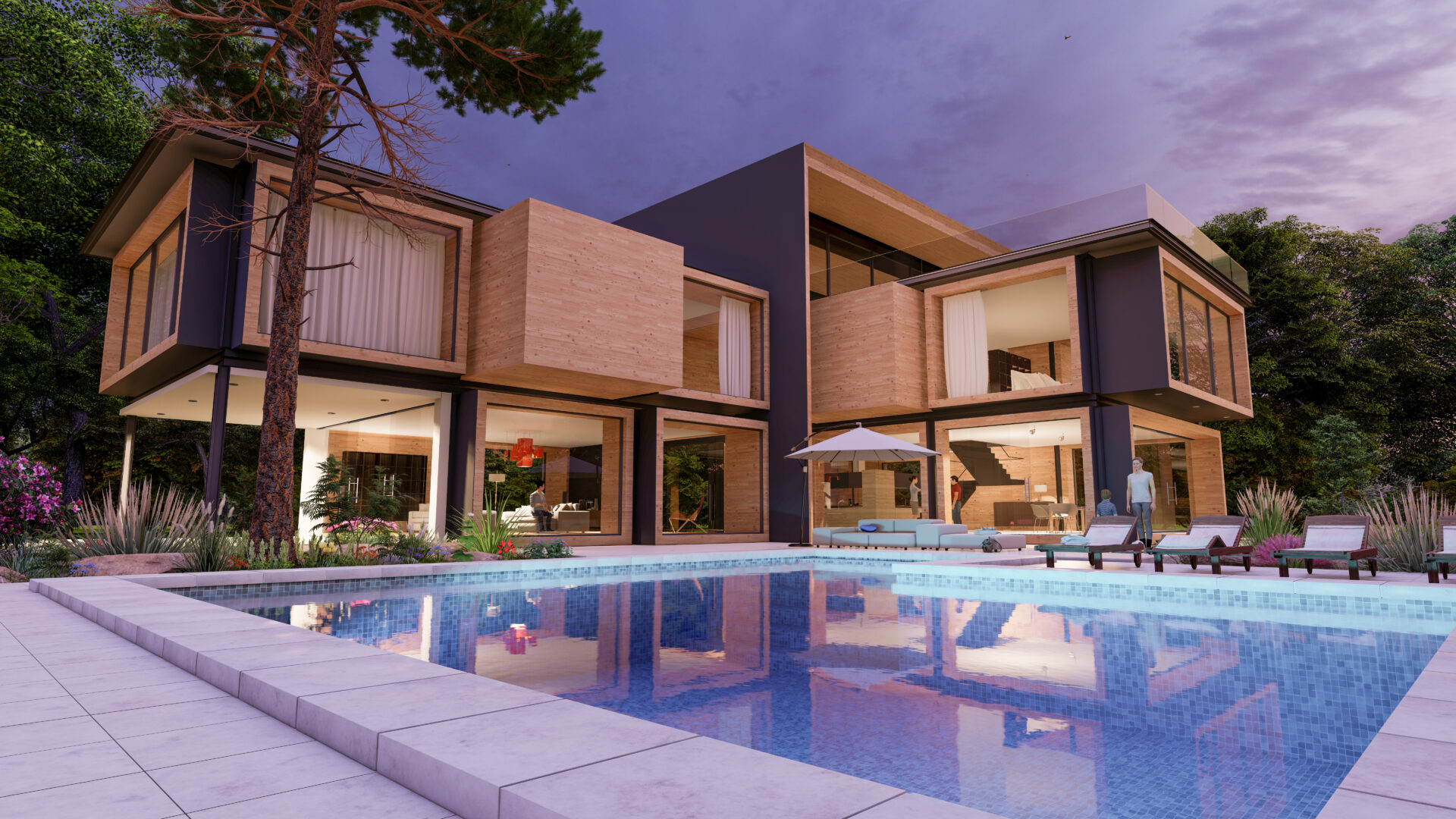 Modern house with pool at dusk