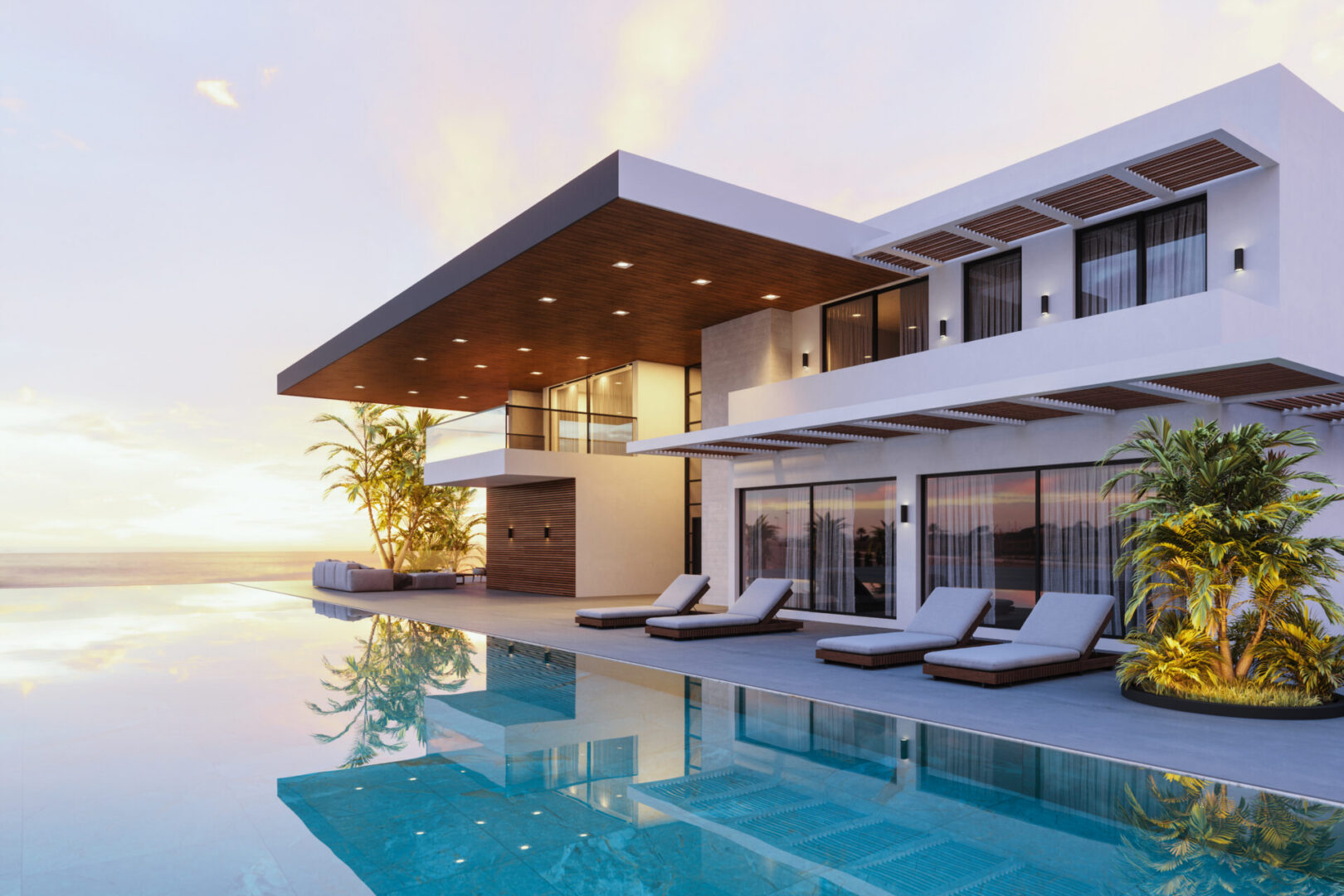 Modern villa with pool at sunset